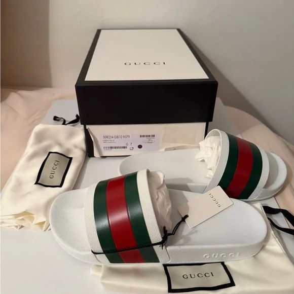 Gucci White Slides with Red and Green Accents - Picture 1 of 10